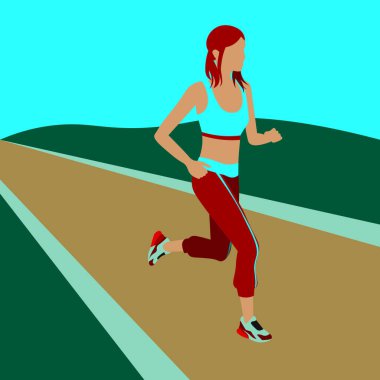Spor kıyafetleriyle koşan meçhul bir kızın renkli vektör çizimi.