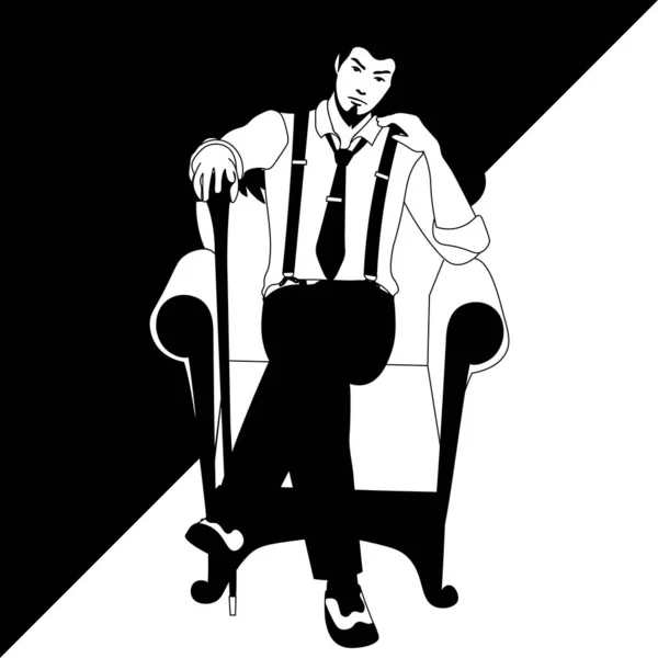 Černé Bílé Linie Umění Staromódní Muž Holí Sedí Křesle — Stockový vektor