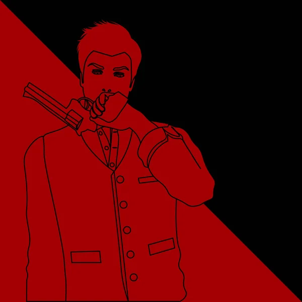 手持左轮手枪的老式男子的黑红轮廓图 — 图库矢量图片