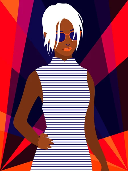 Hermosa Mujer Afroamericana Con Pelo Platino Vestido Rayas Gafas Sol — Vector de stock