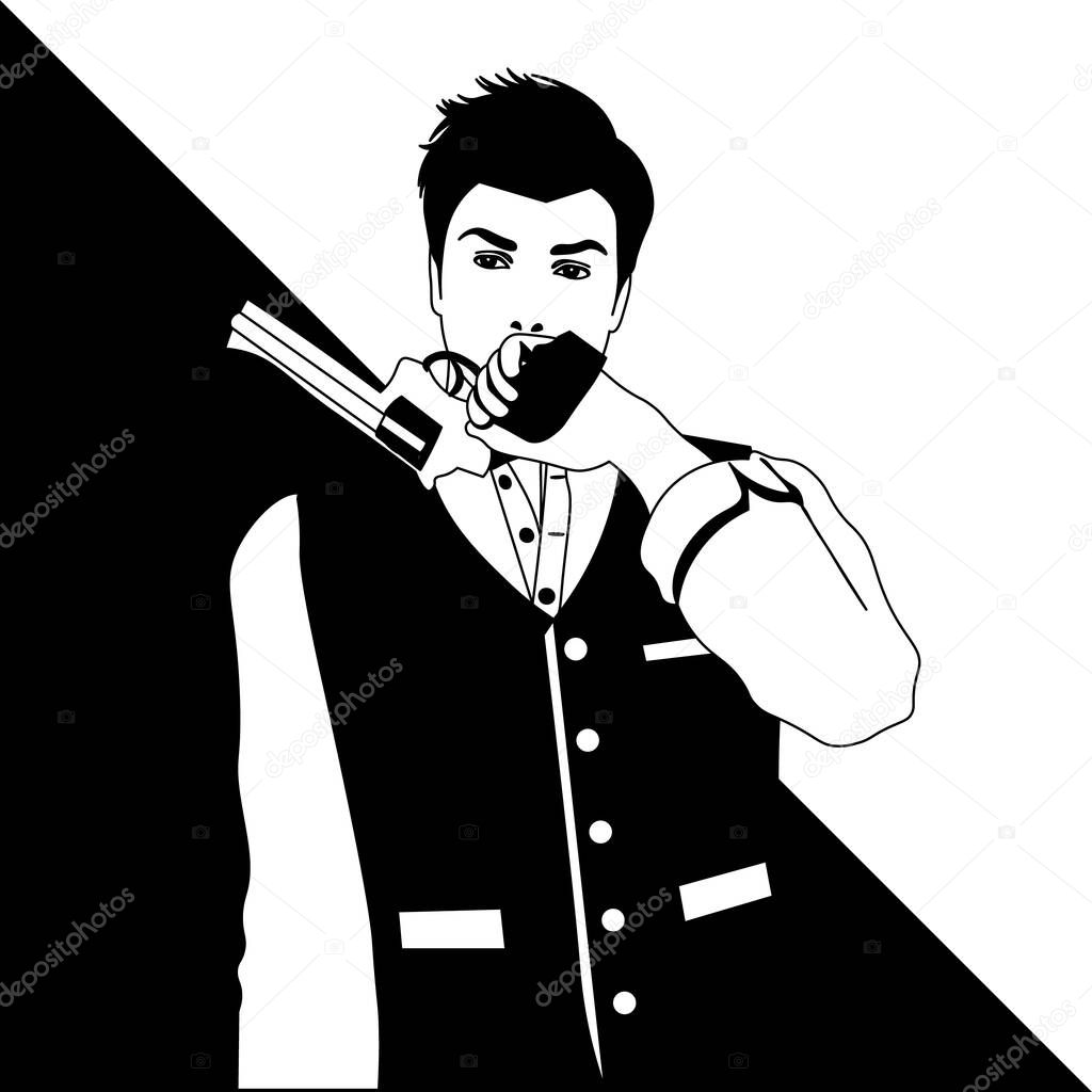 black and white line art of elegant old-fashioned man in vest holding a revolver