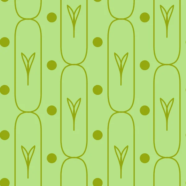 楕円形の四角形と円の輪郭の葉を持つかわいい緑のシームレスなパターン — ストックベクタ