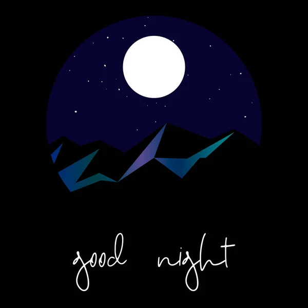 Süße Gute Nacht Postkarte Mit Schneebedeckten Bergen Sternenhimmel Und Handgeschriebenem — Stockvektor