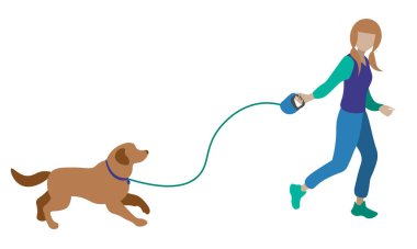 Köpeği gezdirme ve at kuyruklu suratsız bir kızı koşturma gibi basit bir tasvir.