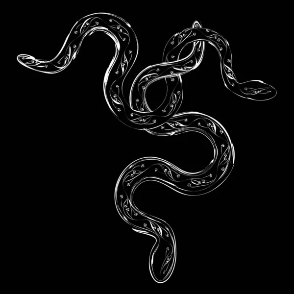 Abstract Gothic Illustration Two White Contour Entwined Snakes Black Background — Stock Vector