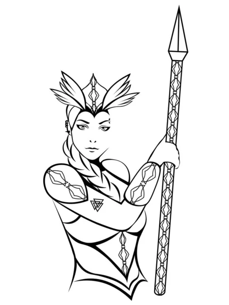 Scandinavian Mythological Character Woman Warrior Valkyrie Winged Helmet Lance — Stock Vector