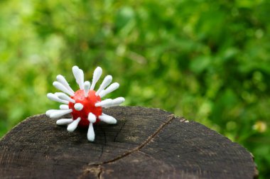 Tahta bir yüzey üzerindeki plastikten yapılmış virüs heykelciği..