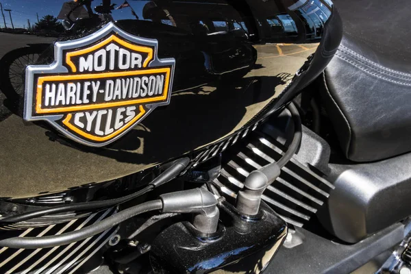 Indianapolis - Circa maart 2017: Embleem en de motor van een Harley-Davidson. Harley Davidson motoren staan bekend om hun trouwe volgende ik — Stockfoto