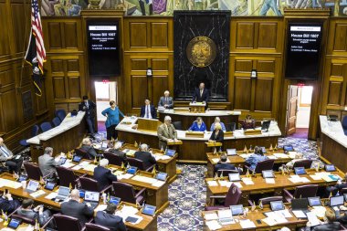 Indianapolis - Circa April 2017: Indiana State House of Representatives in session making arguments for and against a Bill I clipart