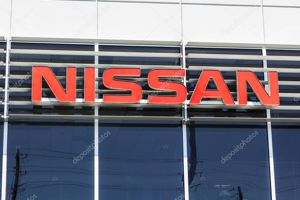 Indianapolis - Circa April 2017: Logo and Signage of a Nissan Car and SUV Dealership. Nissan is part of the Renault-Nissan Alliance I