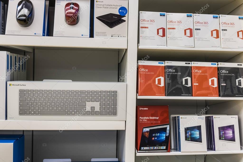 Cincinnati - Circa May 2017: Surface accessories and Office 365 software at a Microsoft Retail Technology Store VII