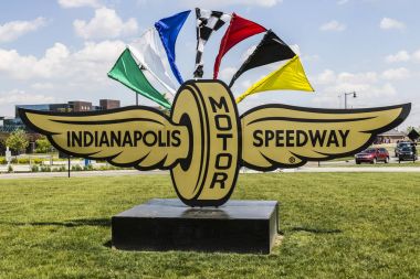 Indianapolis - Circa May 2017: Logo and signage of the Indianapolis Motor Speedway. IMS Hosts the Indy 500 and Brickyard 400 Auto Races VII clipart