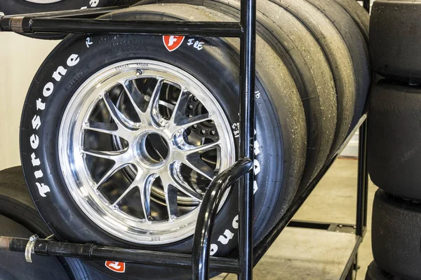 Indianapolis - Circa May 2017: Sets of Firestone racing tires prepared for IndyCars at Indianapolis Motor Speedway for the Indy 500 I — Stock Photo, Image