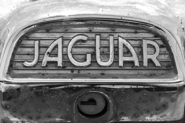 Indianápolis - Circa setembro 2017: Insígnias e emblemas de um clássico Jaguar IV dos anos 60 — Fotografia de Stock