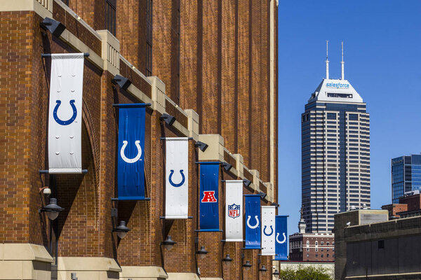 Indianapolis - Circa September 2017: Salesforce Tower as seen from Lucas Oil Stadium, home of the Colts. Salesforce Tower and Lucas Oil Stadium are part of the downtown skyline VI