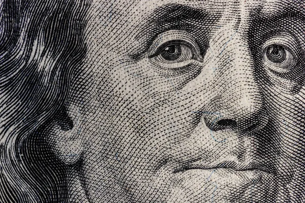 Closeup of Ben Franklin on a one hundred dollar bill for background IV — Stock Photo, Image