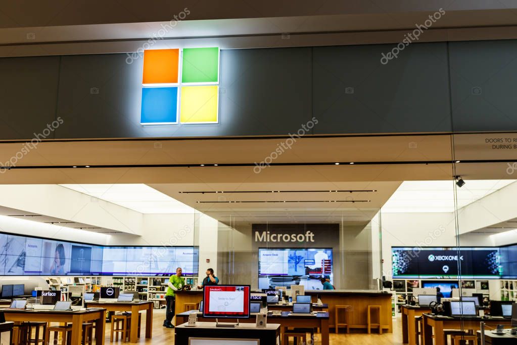 Indianapolis - Circa April 2018: Microsoft Retail Technology Store. Microsoft develops and manufactures Windows and Surface software I