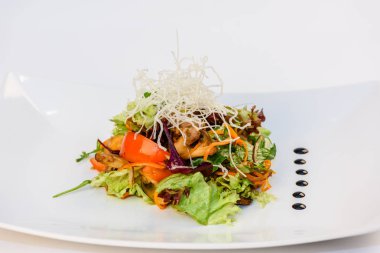 Tavuk eti, sebze, erişte ve yeşillik salatası