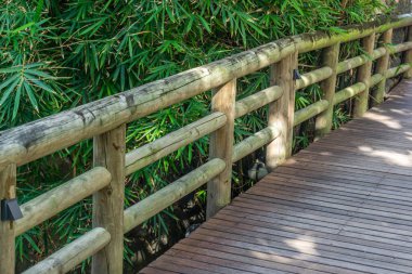 Tahta yaya köprüsü ve bambu korkulukları.