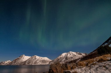 Kuzey ışıkları, Kuzey Avrupa 'nın dağları üzerinde Aurora borealis - Lofoten adaları, Norveç