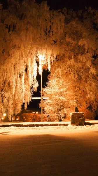 Типичная шведская деревня в холодную ночь на Северном полярном круге Швеции — стоковое фото