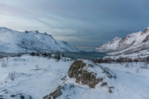 Schöne Aussicht über den Fjord. Tromso, Norwegen. Polarnacht. Lange Verschlusszeit — Stockfoto