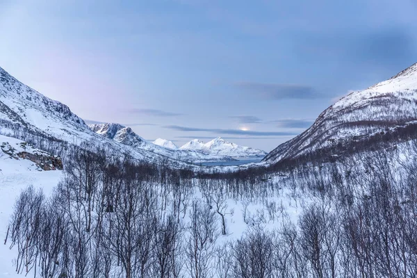 Tromso, Norveç dağlarının güzel manzarası. Kutup gecesi. uzun deklanşör hızı — Stok fotoğraf