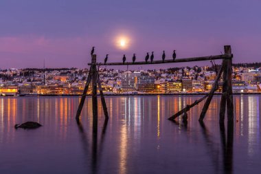 İnanılmaz macenta rengi ve Norveç, Tromso 'nun üzerindeki ay ışığı. Balıkçı binası. Kutup gecesi. uzun deklanşör hızı