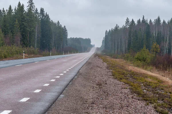 Asfalt, sisli, merkez İsveç 'te düz yol — Stok fotoğraf