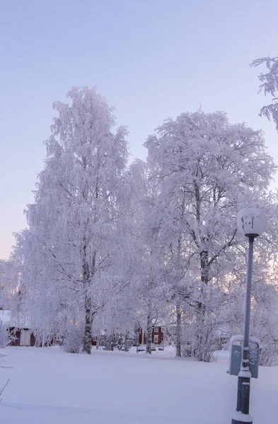 Tipico villaggio svedese nella notte gelida nel Circolo Polare Artico nel nord della Svezia — Foto Stock