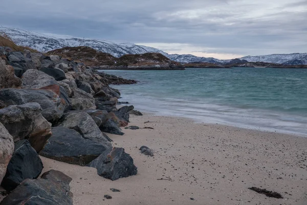 Beautiful view over sand beach. Sommaroy, Norway . Polar night. long shutter speed — ストック写真