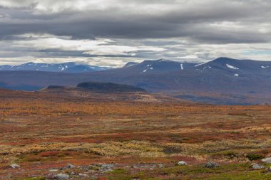 Sarek Ulusal Parkı, Laponya, Norrbotten County, İsveç, Finlandiya, İsveç ve Norveç sınırının sonbahar manzarası. seçici odak
