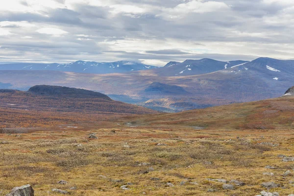 Jesienny widok na Park Narodowy Sarek, Laponia, Norrbotten County, Szwecja, w pobliżu granicy z Finlandią, Szwecją i Norwegią. ukierunkowanie selektywne — Zdjęcie stockowe