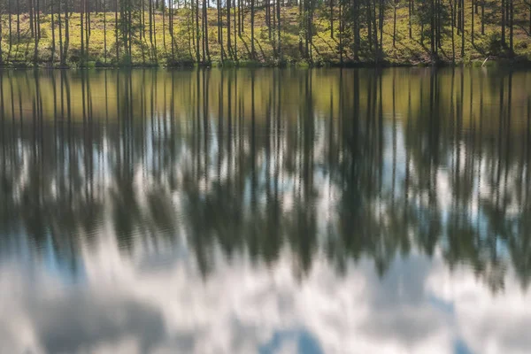 Ciel et reflet des arbres dans une zone isolée au bord du lac. Eaux calmes et ciel nuageux. Suède. focalisation sélective. longue exposition — Photo