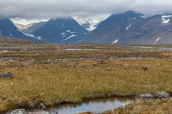 View of the valley. Northern Sweden, Sarek National Park in stormy weather. selective focus — 스톡 사진