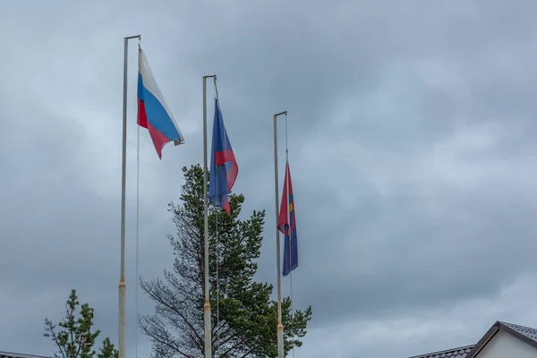 Flaga Federacji Rosyjskiej, Flaga Regionu Murmańskiego, Flaga Saamska — Zdjęcie stockowe