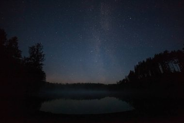 Geceleri gölün üzerinde bir milyon yıldız. Uzun pozlama. Uçan bir uydunun izi. Samanyolu