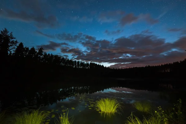 Un million d'étoiles sur le ciel nuageux au-dessus du lac la nuit. herbe au premier plan longue exposition. Voie lactée — Photo