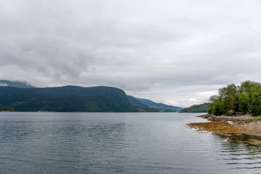 Fiyordun sonu. Güzel Norveç manzarası. Fiyortların manzarası. Norveç bulutlu havada temiz suda fiyort yansıması için idealdir. seçici odak