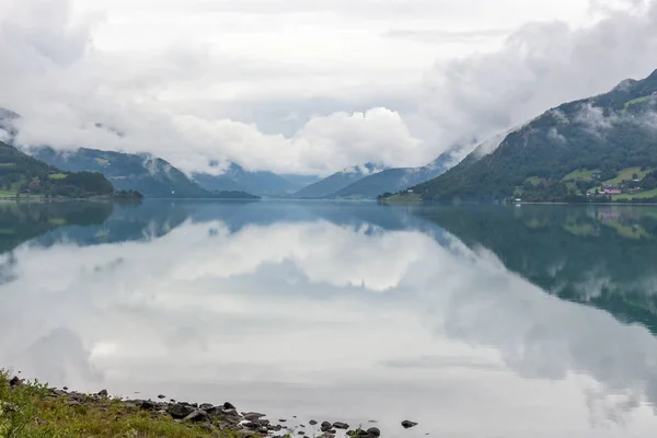 End of fjord. Beautiful Norwegian landscape. view of the fjords. Norway ideal fjord reflection in clear water — 스톡 사진