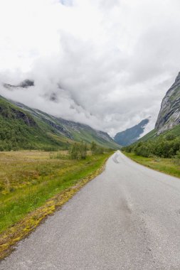 Norveç dağlarının bulutlarıyla çevrili gizemli bir vadiye giden yol seçici bir odak noktası.