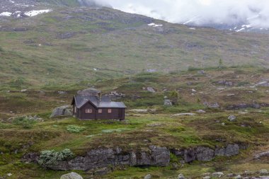Norveç dağlarındaki bir tepede küçük bir ev. seçici odak.