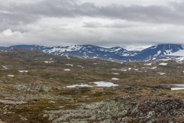 Norveç yaz manzarası, kar kaplı dağların harika manzarası yazın temiz ve soğuk havası, seçici bir odak noktası.