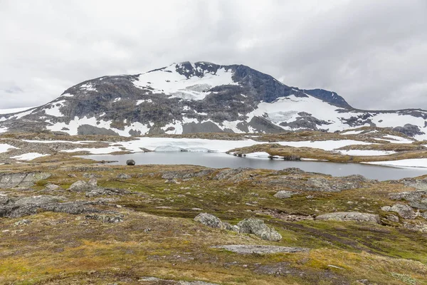 Paisaje de verano noruego, maravillosa vista de montañas nevadas con aire limpio y frío en verano, enfoque selectivo . — Foto de Stock