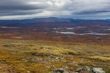 Sarek Ulusal Parkı, Laponya, Norrbotten County, İsveç, Finlandiya, İsveç ve Norveç sınırının sonbahar manzarası. seçici odak