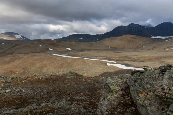 Sarek National Park in Lapland view from the mountain, autumn, Sweden, selective focus — 스톡 사진