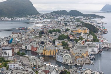 Alesund, Norway - June 12, 2016: Norway, Alesund town panoramic view, Norwegian fjords. View from the mountain Aksla at the city of Alesund. selective focus