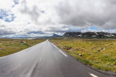 Norveç 'teki dağların arasındaki vadiden geçen ıslak yol.