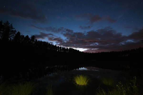 Millón Estrellas Cielo Nublado Sobre Lago Aat Noche Hierba Verde —  Fotos de Stock