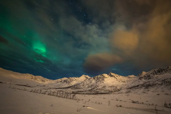 Northern Lights Polar Lights Many Clouds Stars Sky Mountains North — Stock Photo, Image